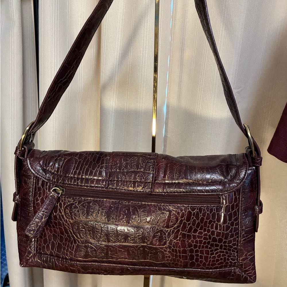 Kate Landry Leather Croc-Embossed Shoulder Bag  Burgundy Brass Teal interior - Picture 3 of 17